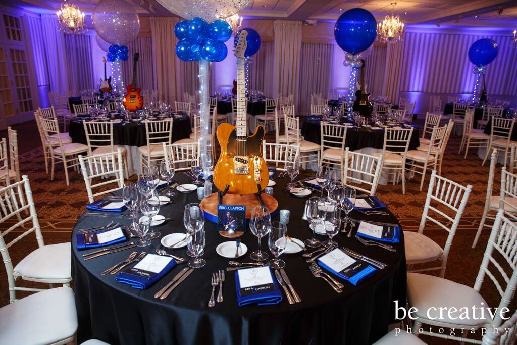 Guitar Centerpiece with 36" Balloons, Lights and Custom Table Signs