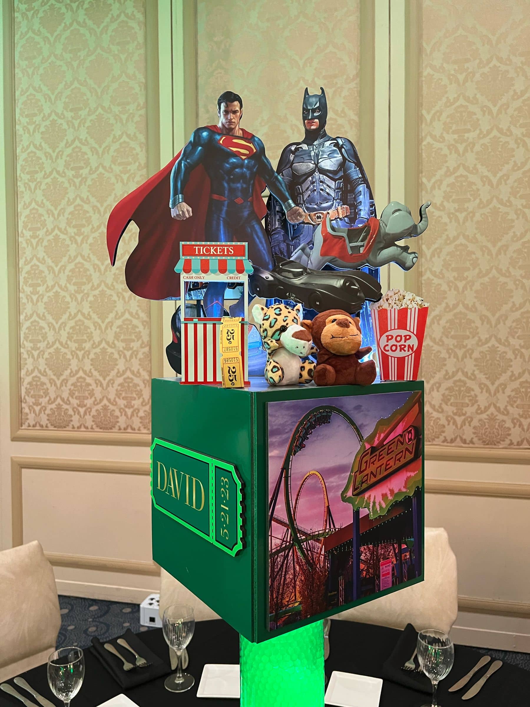Superhero Themed Centerpiece for Amusement Park Themed Bar Mitzvah