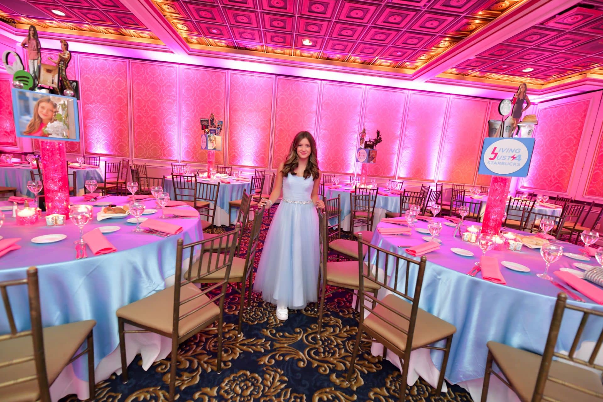 Custom Photo Cubes with Themed Toppers on LED Vases for Everything Girl Themed Bat Mitzvah at VIP Country Club