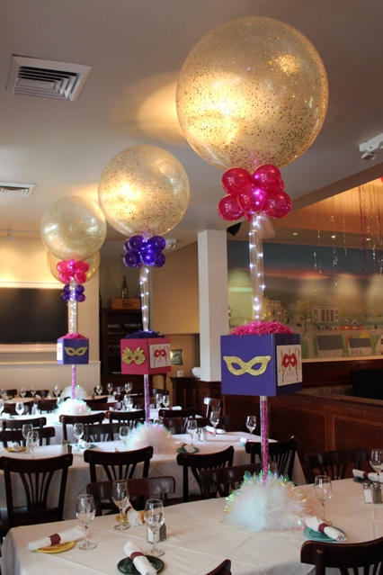 Masquerade Themed Centerpieces with Sparkle Balloons and Lights