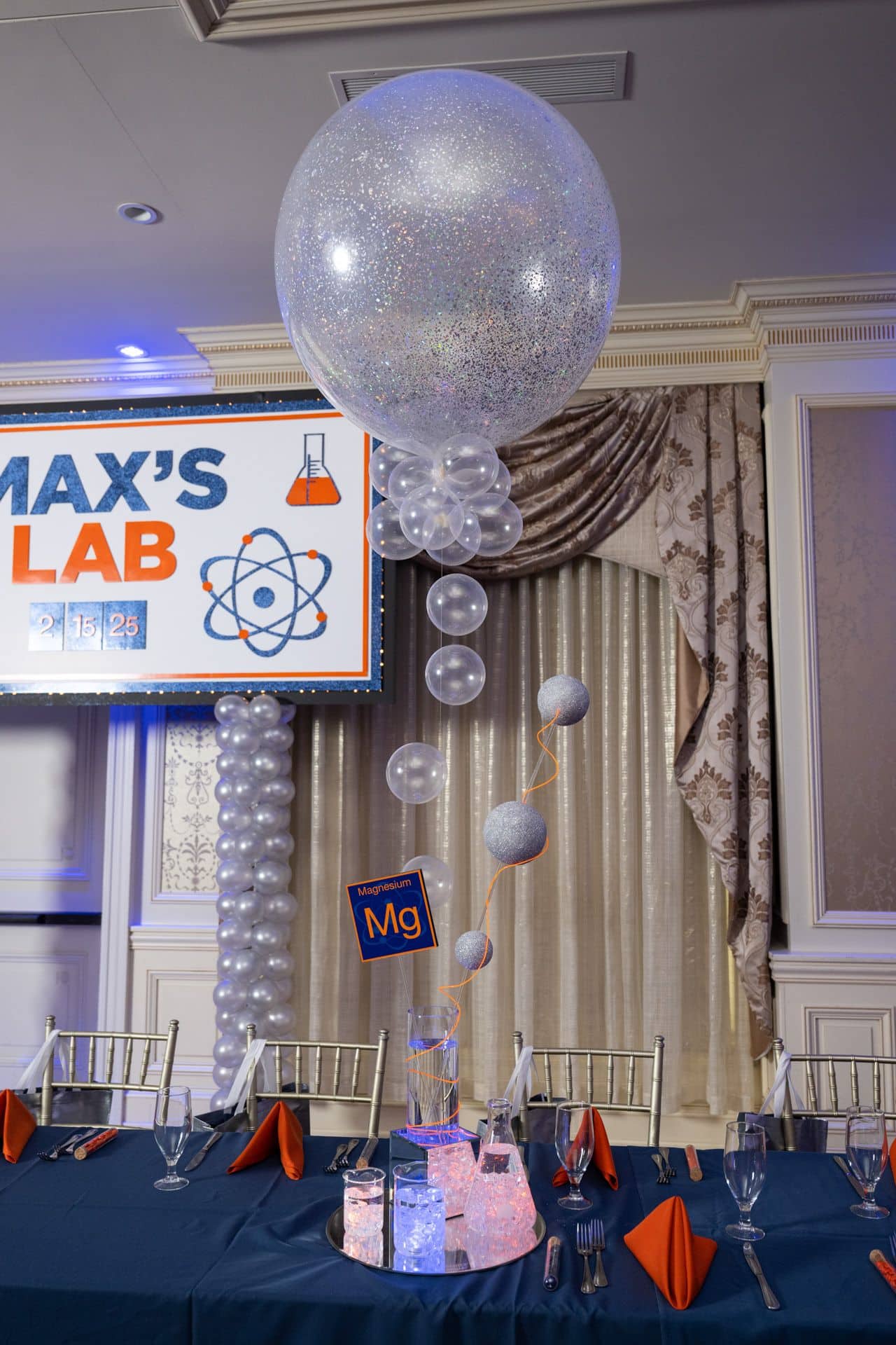 Science Themed Centerpieces with 3ft Sparkle Balloon and Bubbles for a Bar Mitzvah
