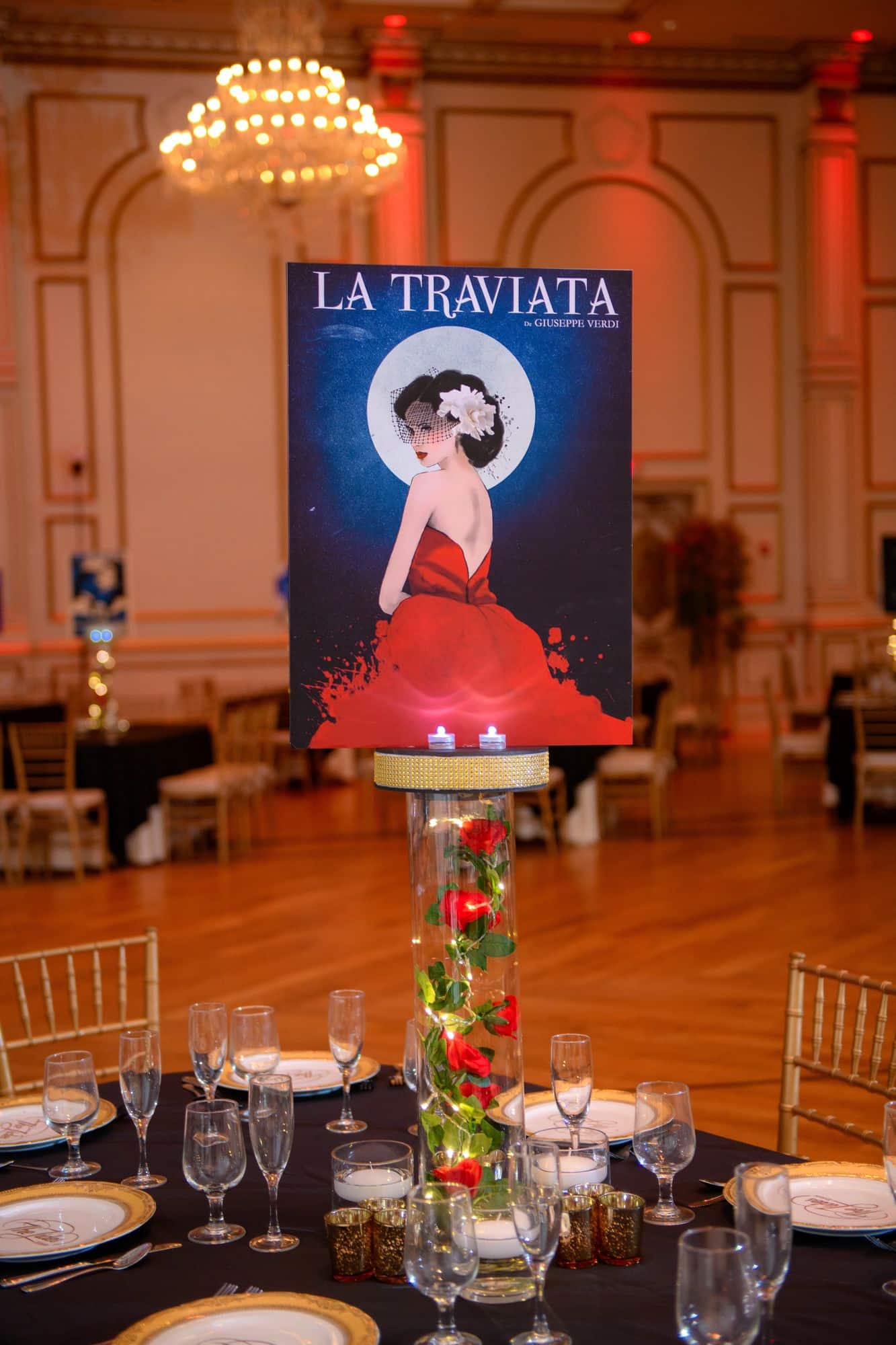 Opera Themed Centerpiece with Roses and Twinkle Lights at The Tides Estate
