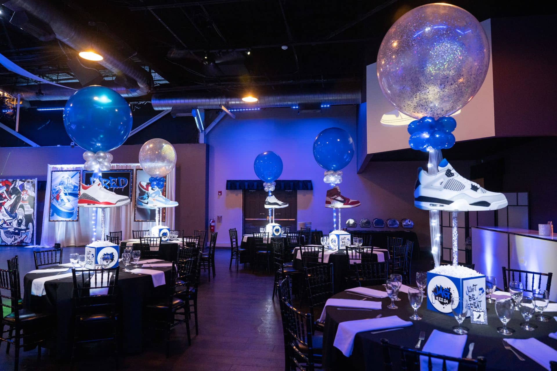 Sneaker Centerpieces with 36" Balloon and Custom Logo Cube Bases
