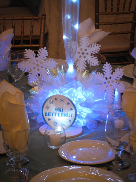 Winter Themed Centerpiece with Snowflakes and Custom Table Sign