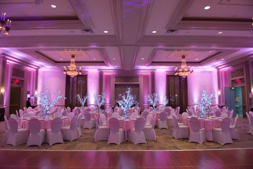 Light Pink Uplighting for Winter Themed Bat Mitzvah at Woodcliff Lake Hilton