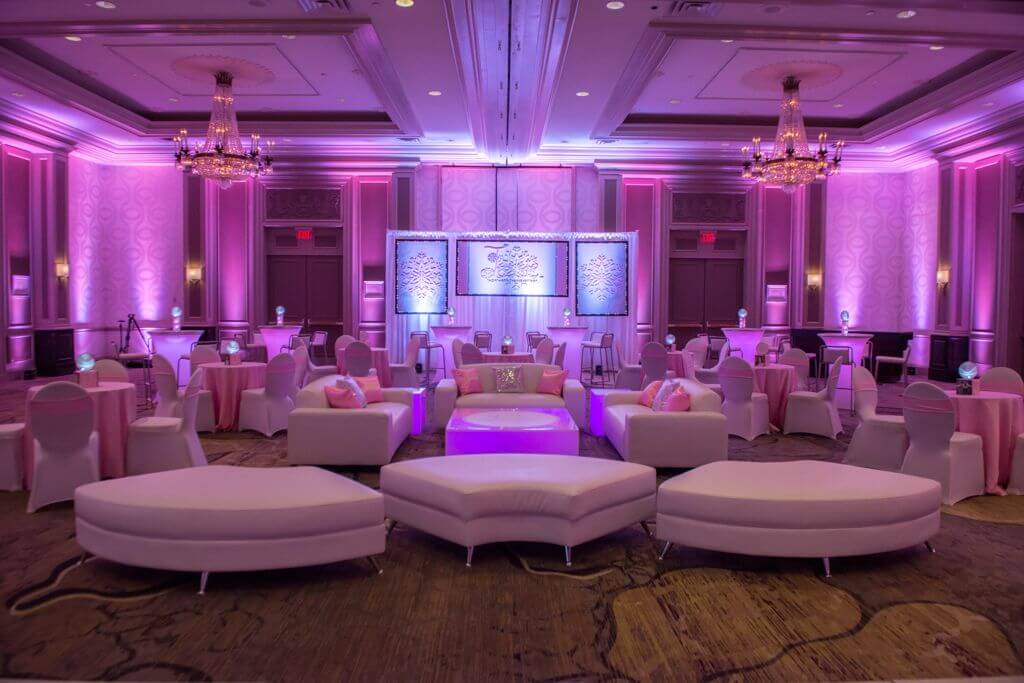 Light Pink Uplighting for Winter Themed Bat Mitzvah at Woodcliff Lake Hilton