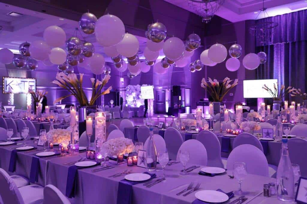 Lavender Uplighting with LED Floral Centerpieces and Silver and White Ceiling Balloon Treatment for Bat Mitzvah at Kol Ami, White Plains