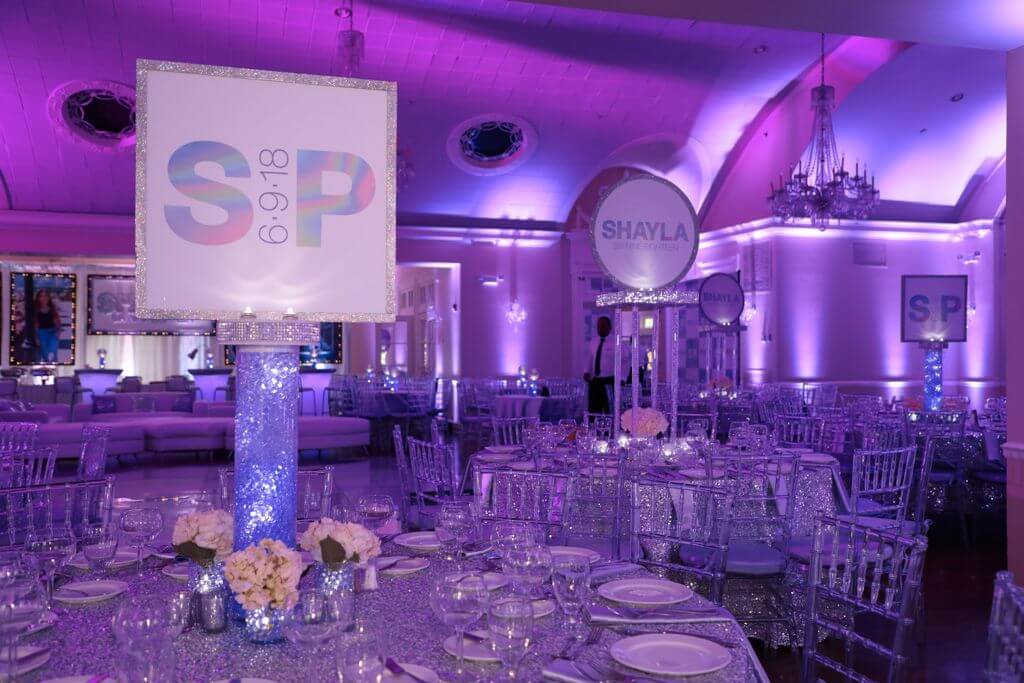 Lavender LED Uplighting for Club Themed Bat Mitzvah at The Apawamis Club