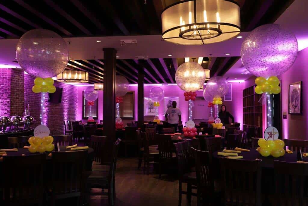 Hot Pink Uplighting with LED Sparkle Balloon Centerpieces for Bat Mitzvah at Park West Loft, NJ
