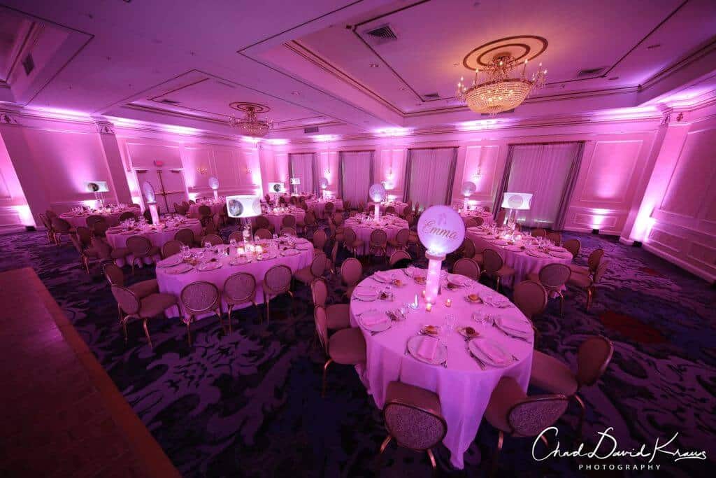 Pink LED Uplighting for Dance Themed Bat Mitzvah at The Hilton, Pearl River