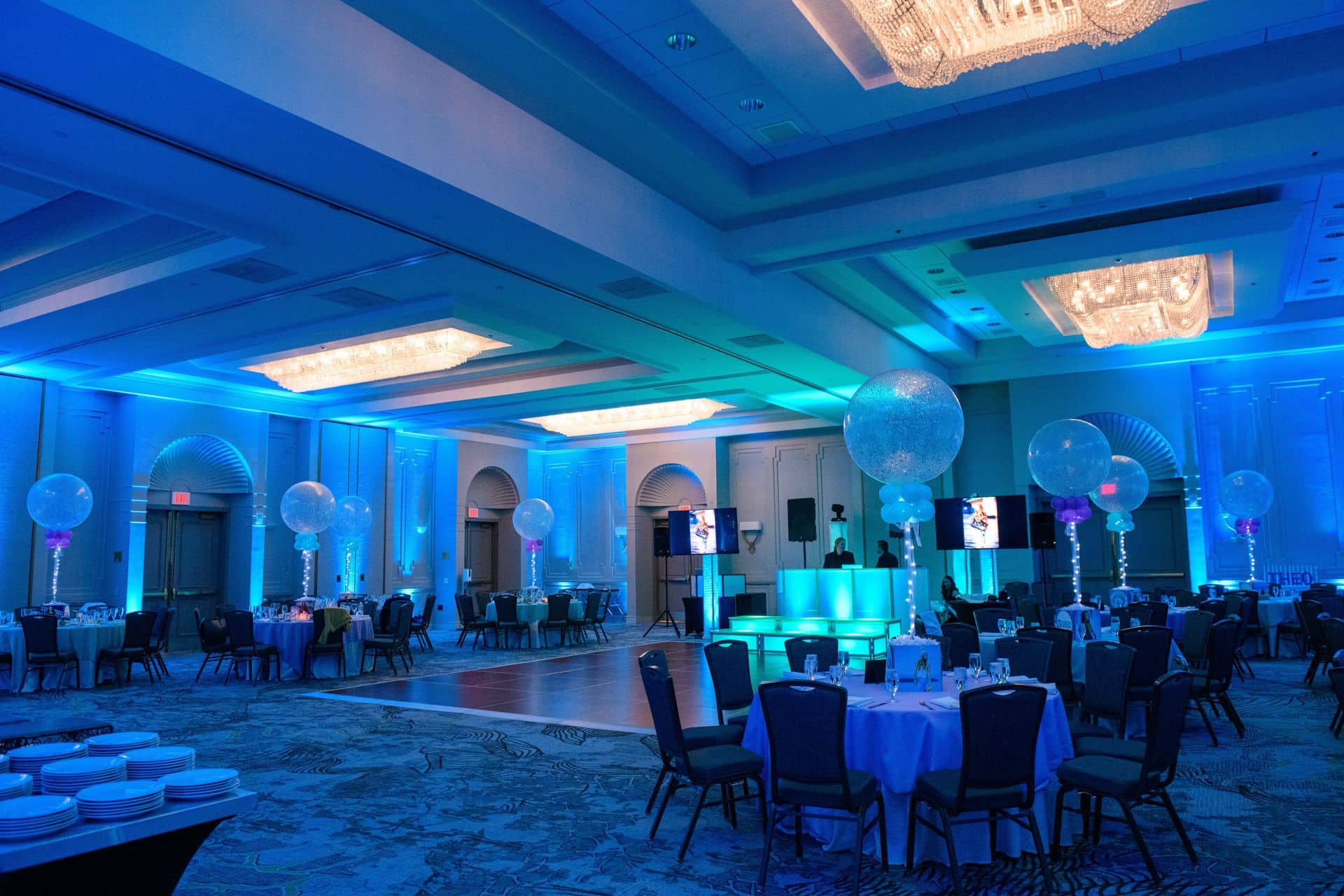 Turquoise Uplighting for Bat Mitzvah at The Park Ridge Marriott