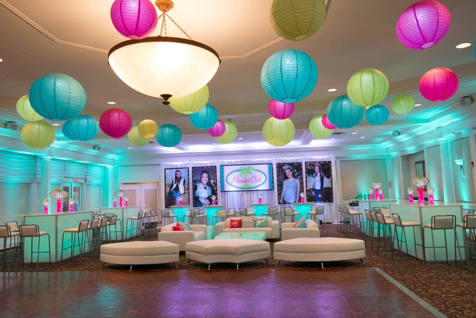 Tiffany Blue Uplighting with Custom Lounge Setup and LED Lanterns on Ceiling at Hampshire Country Club