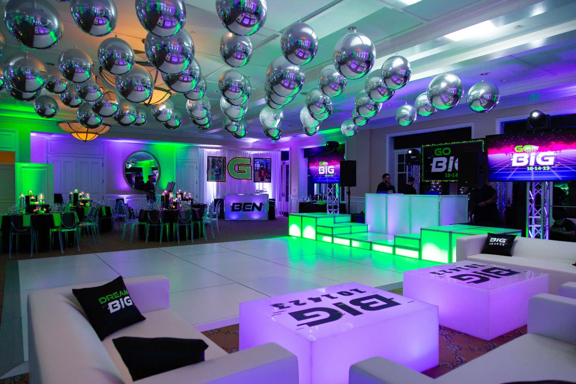 Purple and Green Uplighting for Neon Themed Bar Mitzvah at Tamarack Country Club
