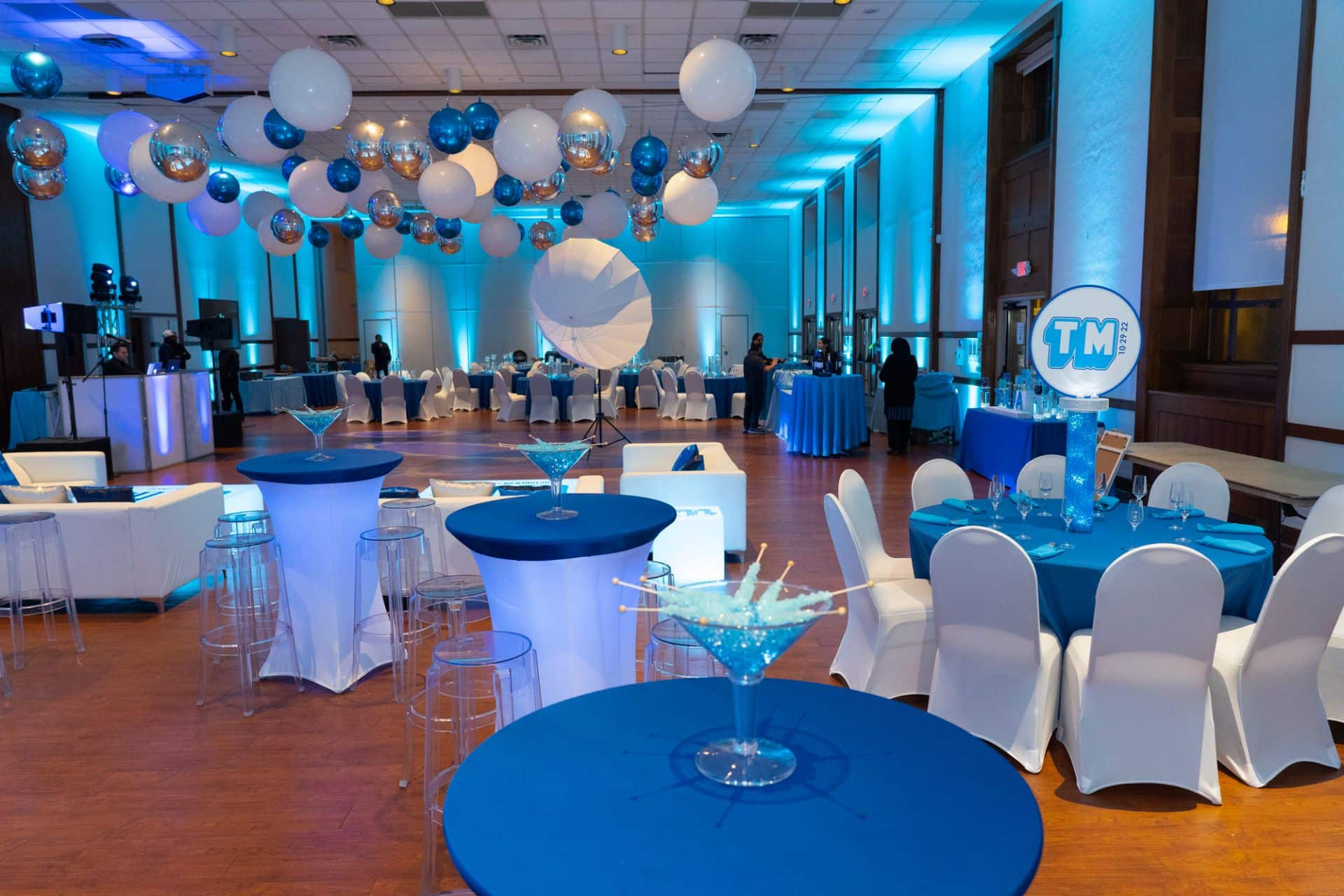 Turquoise Blue Uplighting with LED Lounge and Ceiling Balloon Treatment at Temple Israel Center, White Plains