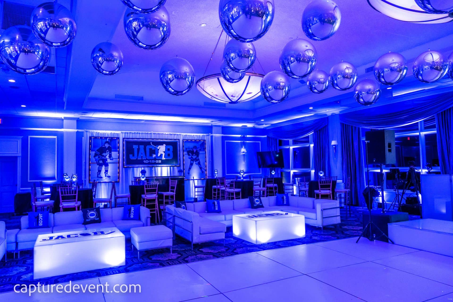 Royal Blue Uplighting for Hockey Themed Bar Mitzvah at Cedar Hill Country Club