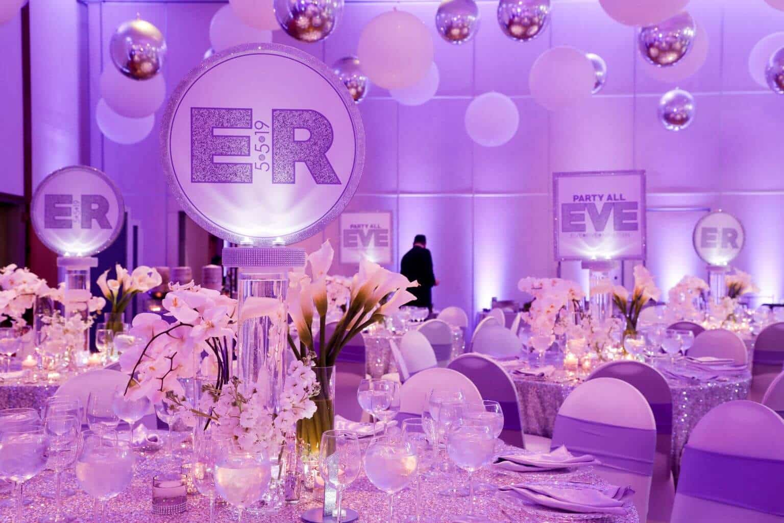 Club Themed Bat Mitzvah with Lavender Uplighting and LED Logo Centerpieces at Temple Israel Center, White Plains