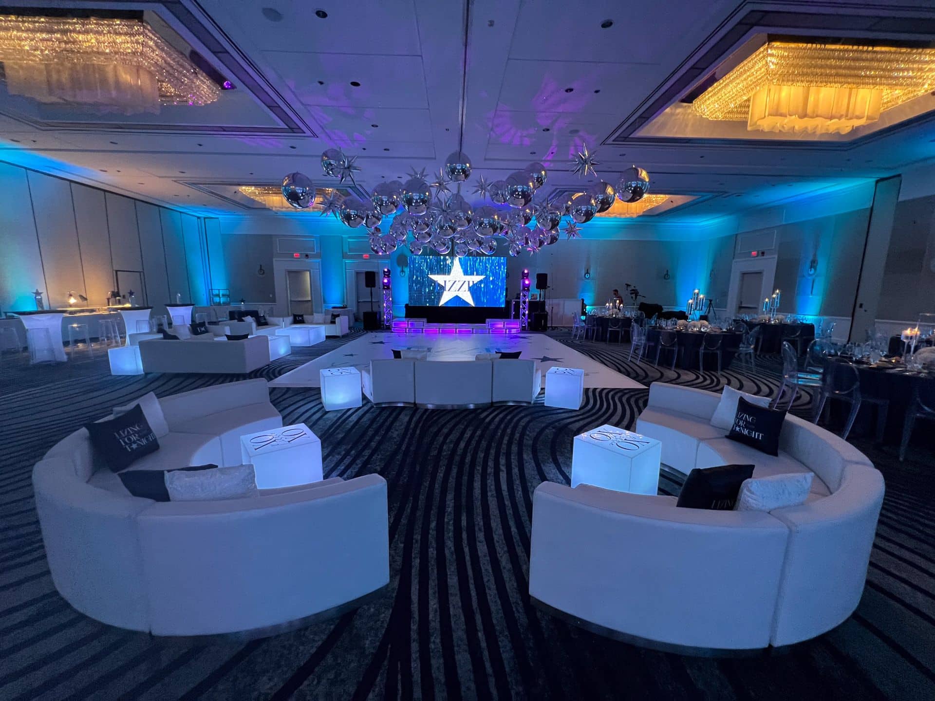 Turquoise Uplighting for Star Themed Bat Mitzvah at the Greenwich Hyatt