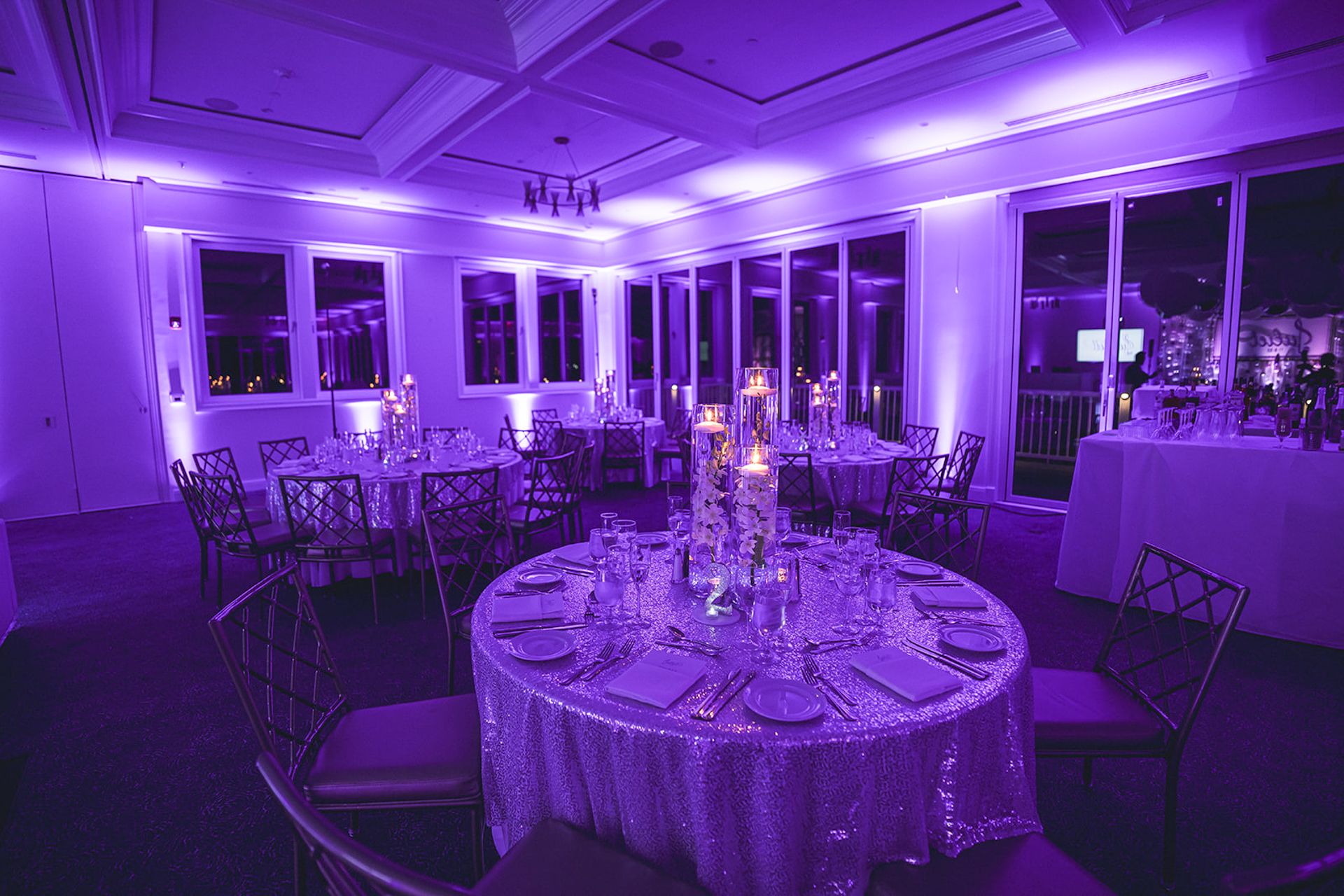 Lavender Room Uplighting for Bat Mitzvah at Coveleigh Club