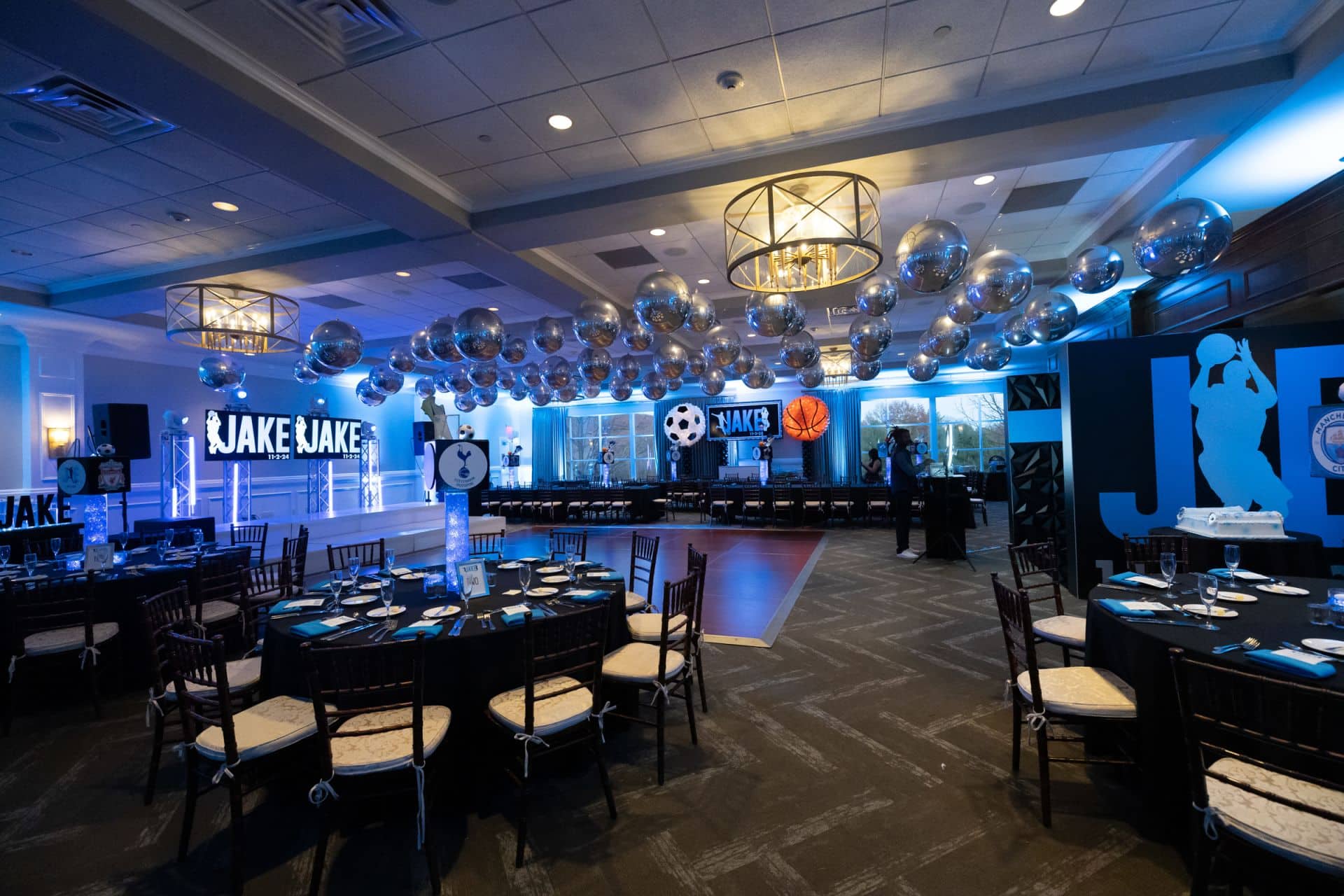 Blue Uplighting for a Sports Themed Bar Mitzvah at Paramount Country Club
