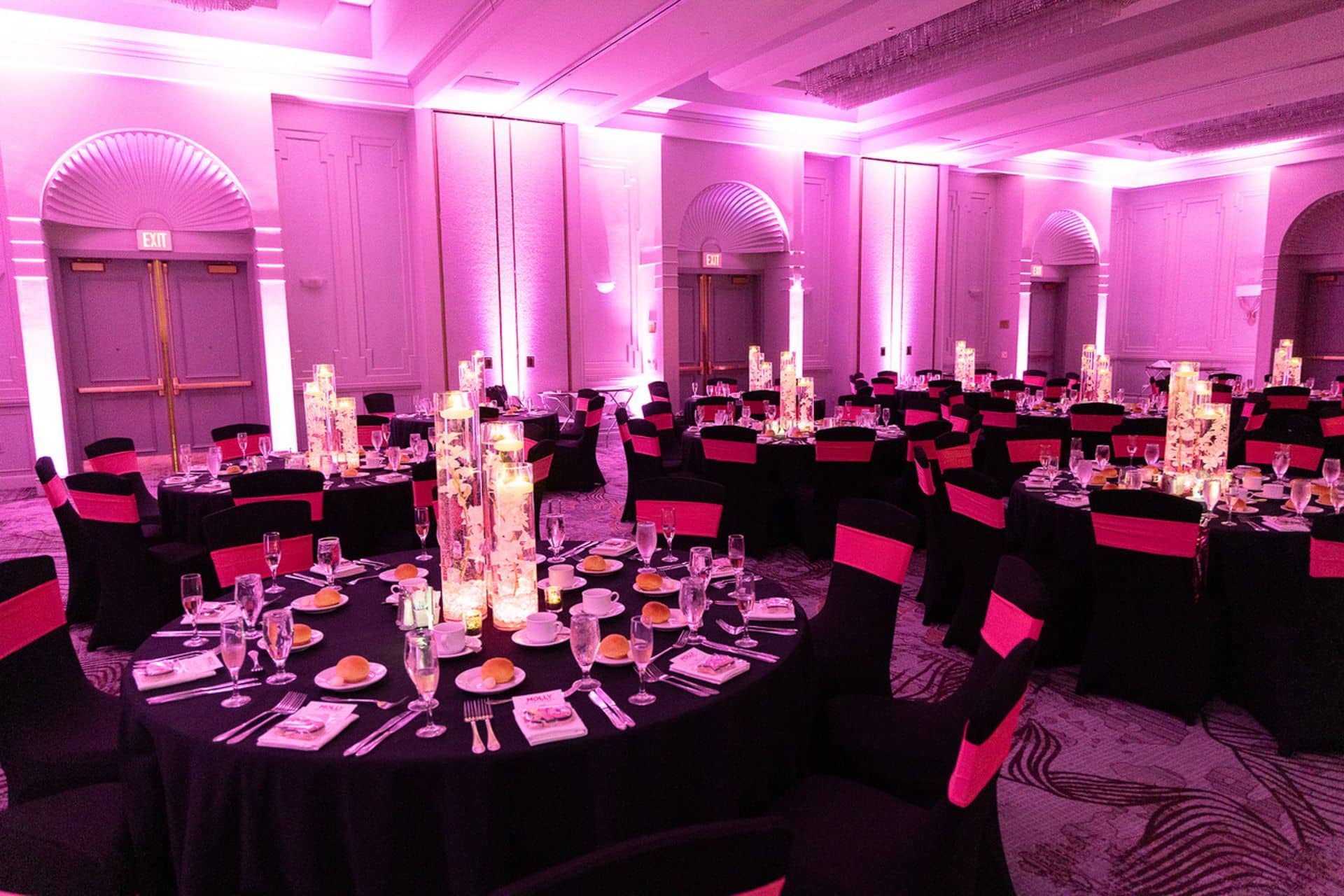 Hot Pink Uplighting with LED Orchid Centerpieces for Bat Mitzvah at Marriott, Park Ridge